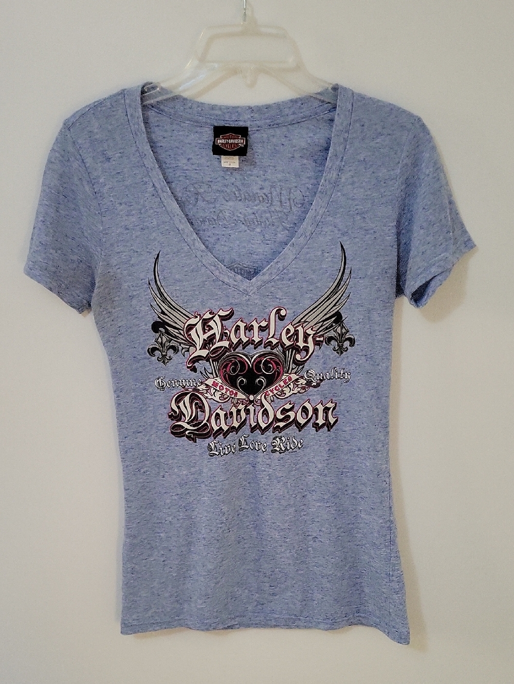 Harley-Davidson Heather Blue V-Neck Winged Heart Graphic Tee, Size Medium